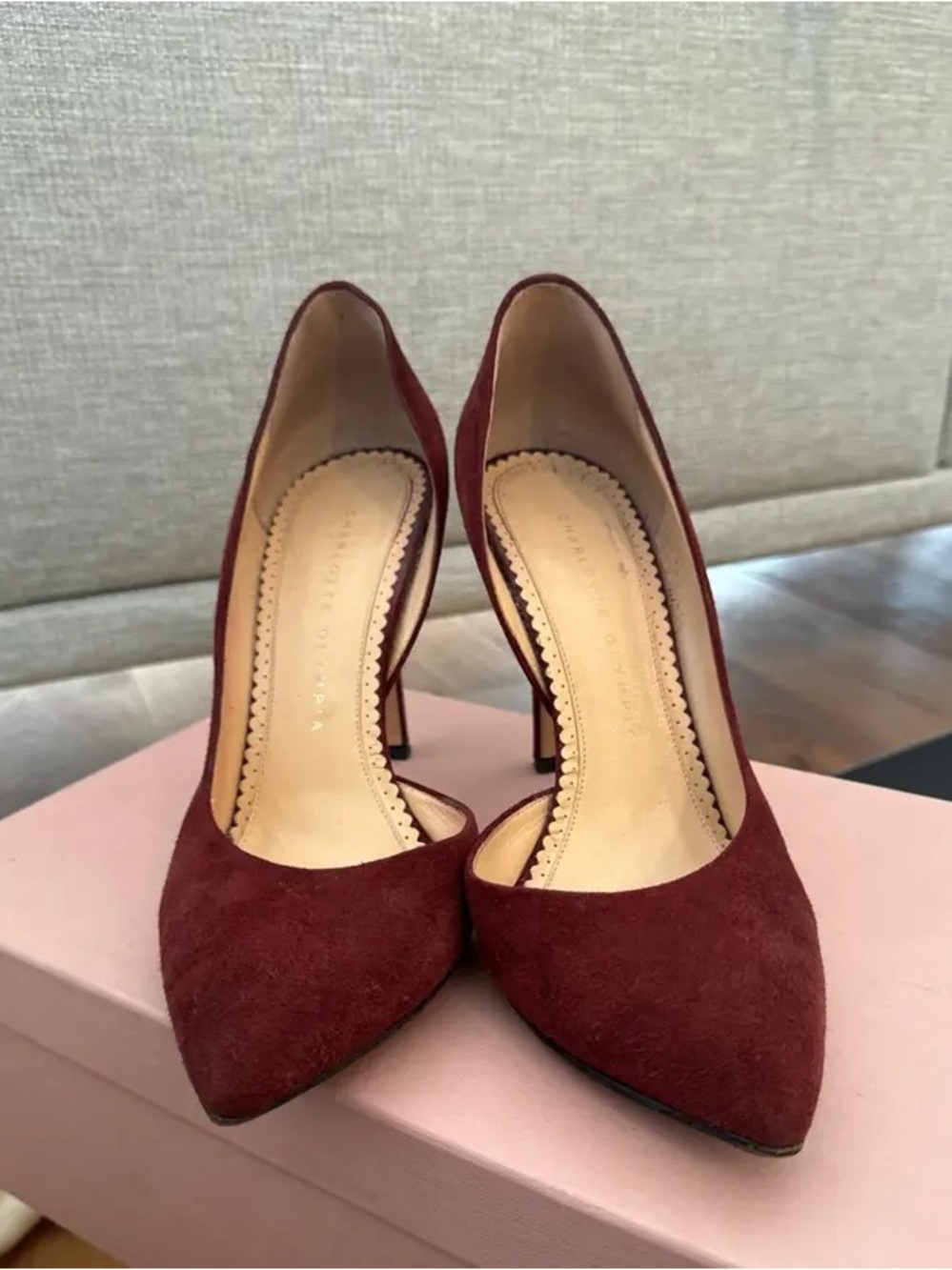 Charlotte Olympia Burgundy Suede D’orsay Pumps